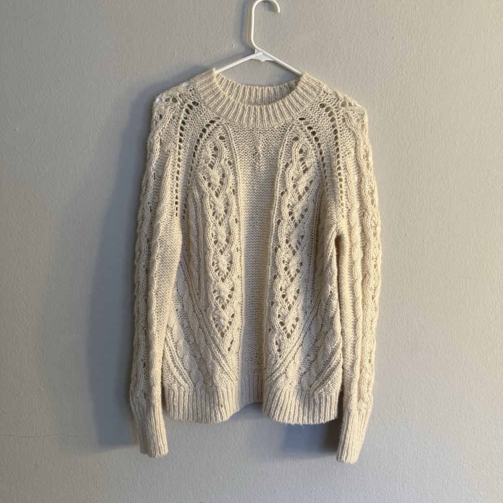 J. Crew Women's Crew Neck Ivory Alpaca Blend‎ Cable Knit Sweater XS Fisherman